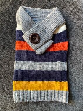 Striped Knit Dog Sweater with Button Collar - Gray, Navy & Orange